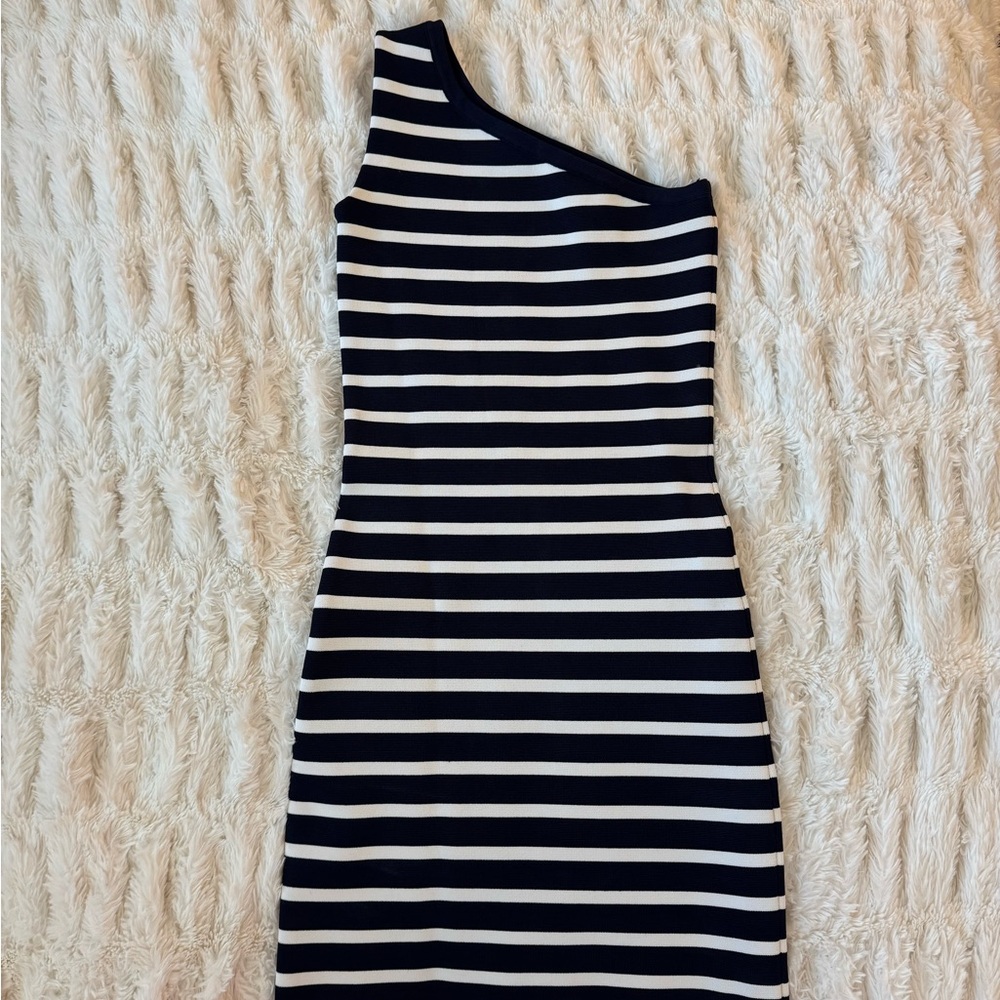 BCBG Navy & White Striped One Shoulder Mini Dress
